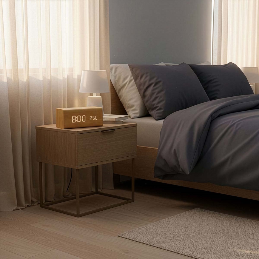 Réveil numérique à écran LED avec thermomètre — alimentation 5V et 1x CR2032, boîtier en bois