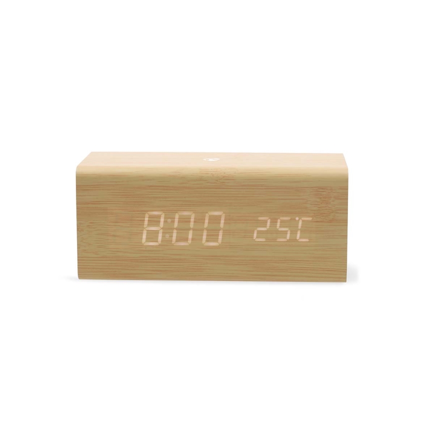 Réveil numérique à écran LED avec thermomètre — alimentation 5V et 1x CR2032, boîtier en bois