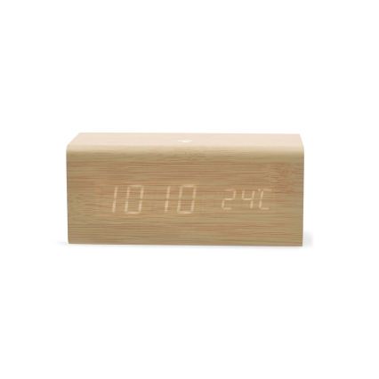 Réveil numérique à écran LED avec thermomètre — alimentation 5V et 1x CR2032, boîtier en bois