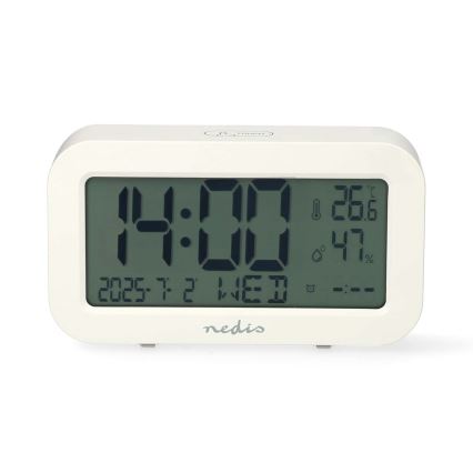 Horloge numérique avec alarme, thermomètre et hygromètre — fonctionne avec 2 piles AA — blanc