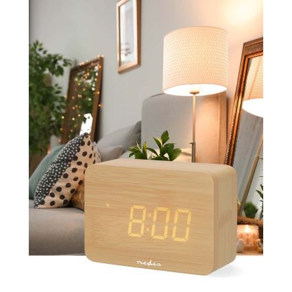 Digitale houten wekker met LED-display en thermometer, 5V/3xAAA