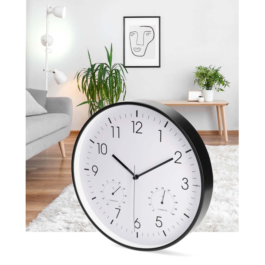 Horloge murale avec thermomètre et hygromètre Ø 30,5 cm, 1 pile AA, noire