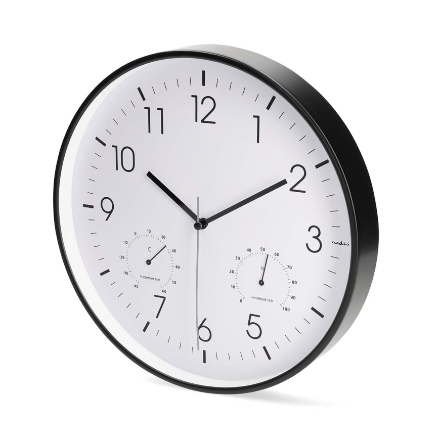 Horloge murale avec thermomètre et hygromètre Ø 30,5 cm, 1 pile AA, noire
