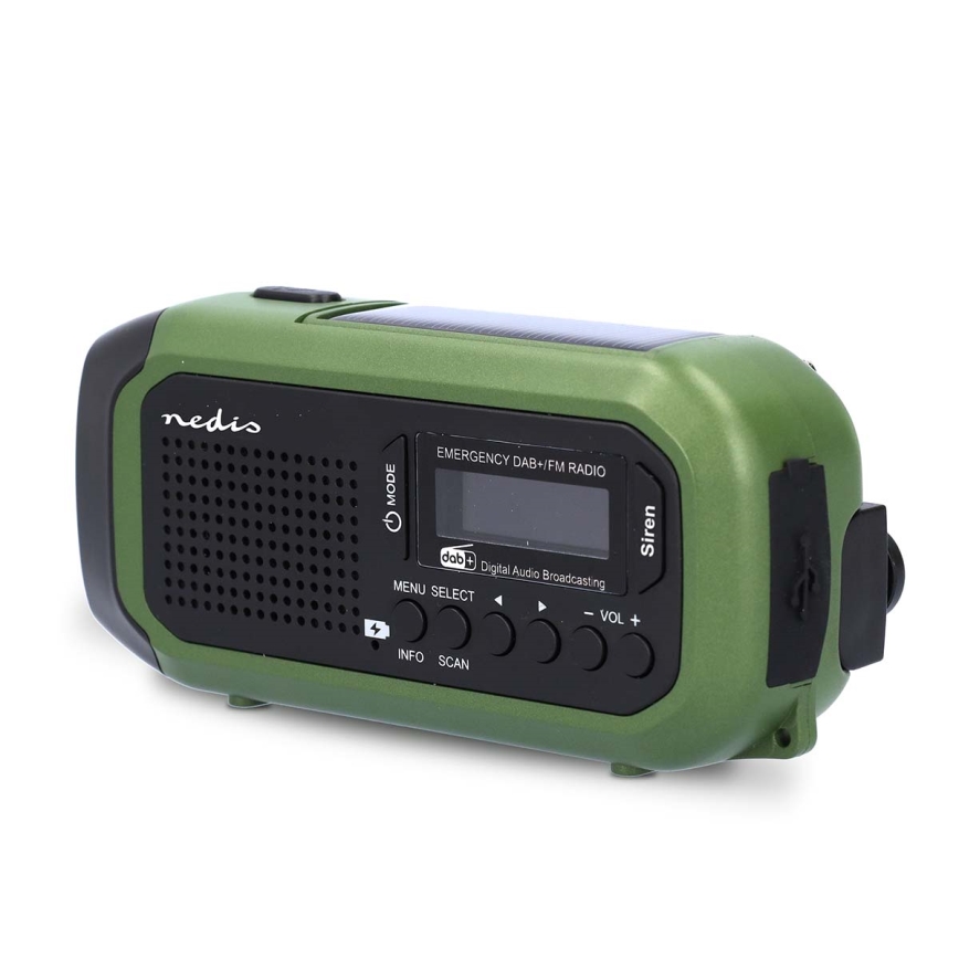 Radio DAB+/FM à manivelle avec panneau solaire et lampe torche LED 5V/2500 mAh vert/noir