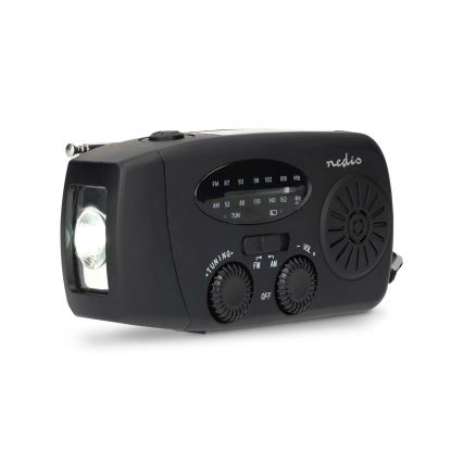 Opwindbare AM/FM-radio met zonnepaneel en LED-zaklamp, 2000 mAh oplaadbare accu