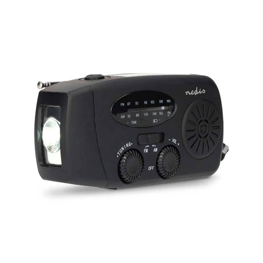 Opwindbare AM/FM-radio met zonnepaneel en LED-zaklamp, 2000 mAh oplaadbare accu