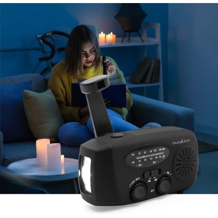 Radio AM/FM à manivelle avec panneau solaire et lampe torche LED — batterie 2000 mAh