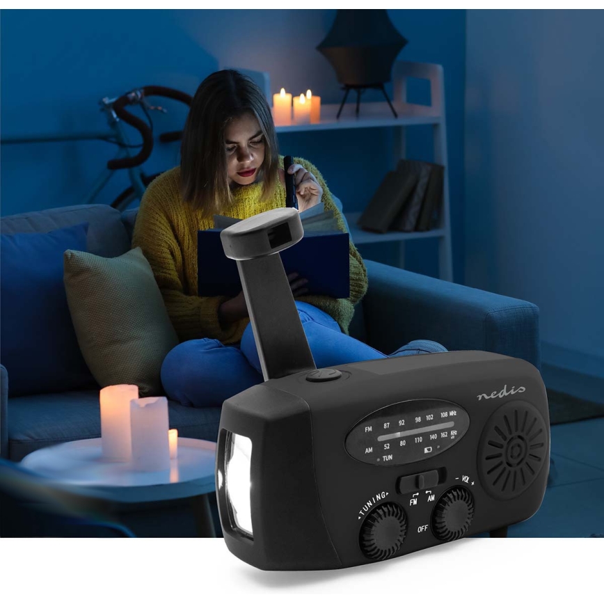 Radio AM/FM à manivelle avec panneau solaire et lampe torche LED — batterie 2000 mAh