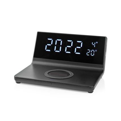 Wekker met LCD scherm en draadloze oplader 15W/230V zwart