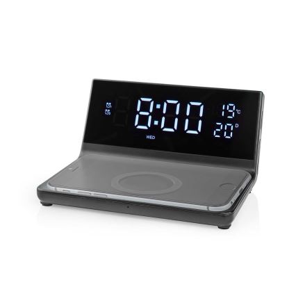 Wekker met LCD scherm en draadloze oplader 15W/230V zwart