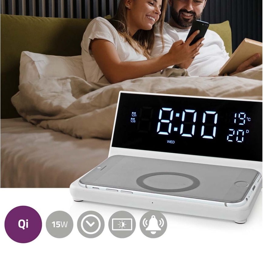 Réveil avec écran LCD et chargeur sans fil 15W/230V + 1xCR2032 blanc