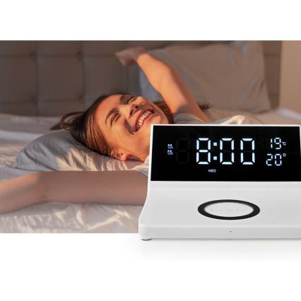 Réveil avec écran LCD et chargeur sans fil 15W/230V + 1xCR2032 blanc