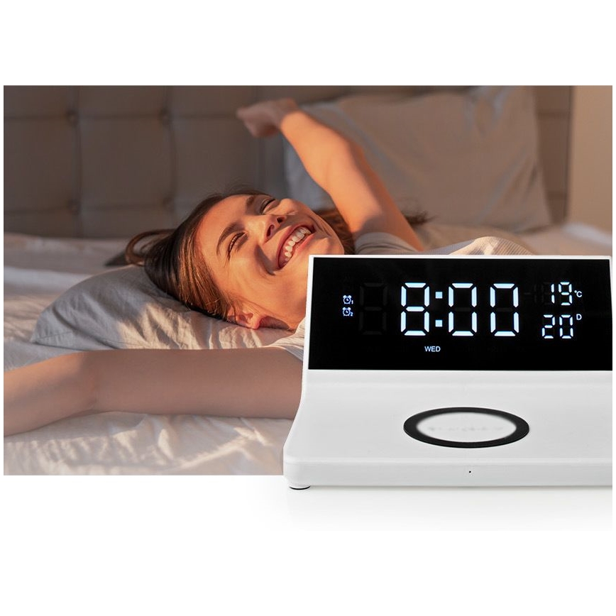Réveil avec écran LCD et chargeur sans fil 15W/230V + 1xCR2032 blanc