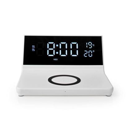 Réveil avec écran LCD et chargeur sans fil 15W/230V + 1xCR2032 blanc