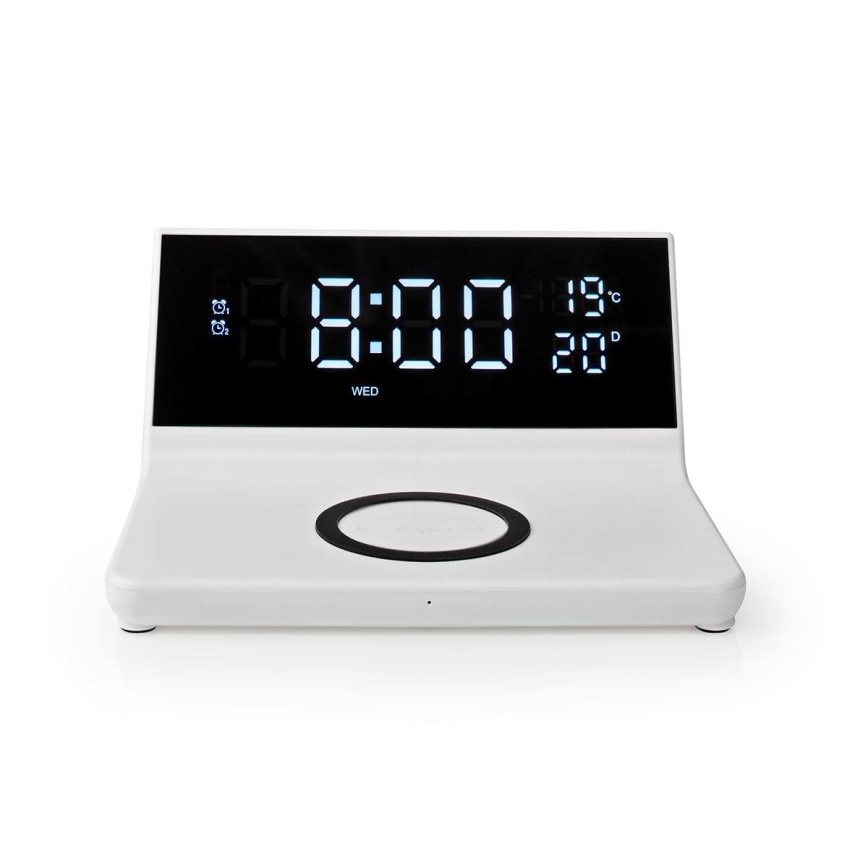 Réveil avec écran LCD et chargeur sans fil 15W/230V + 1xCR2032 blanc
