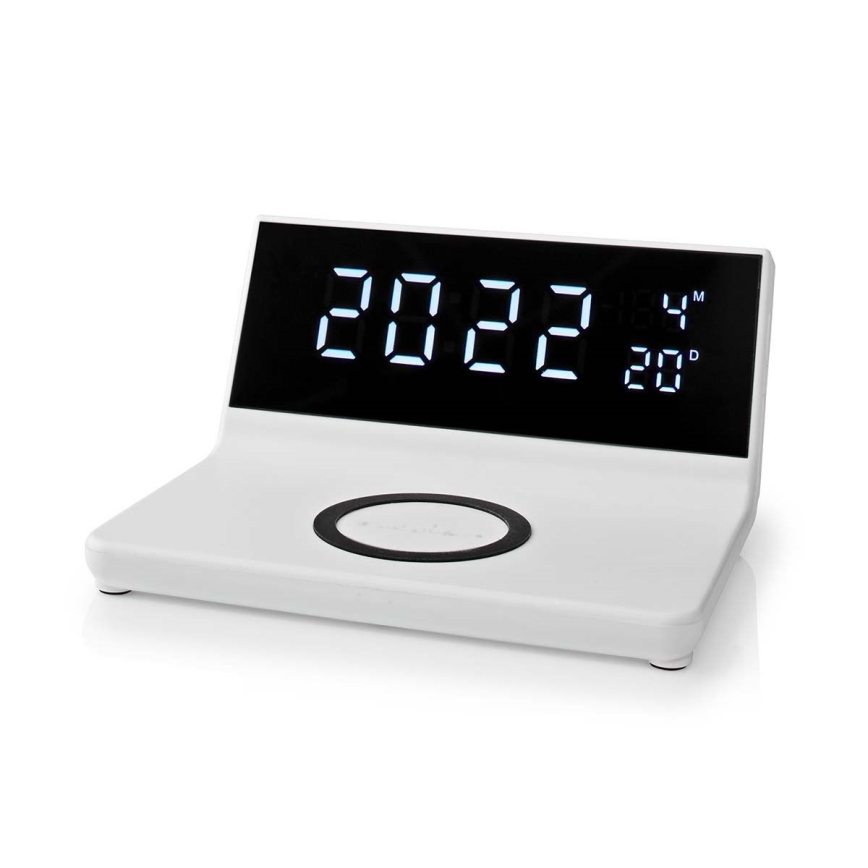 Réveil avec écran LCD et chargeur sans fil 15W/230V + 1xCR2032 blanc