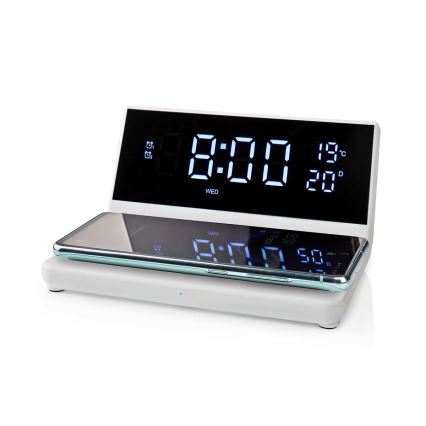 Réveil avec écran LCD et chargeur sans fil 15W/230V blanc