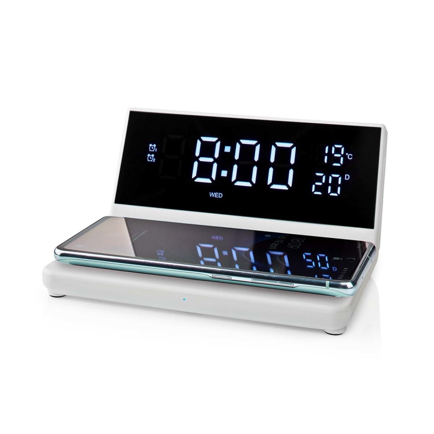 Réveil avec écran LCD et chargeur sans fil 15W/230V + 1xCR2032 blanc