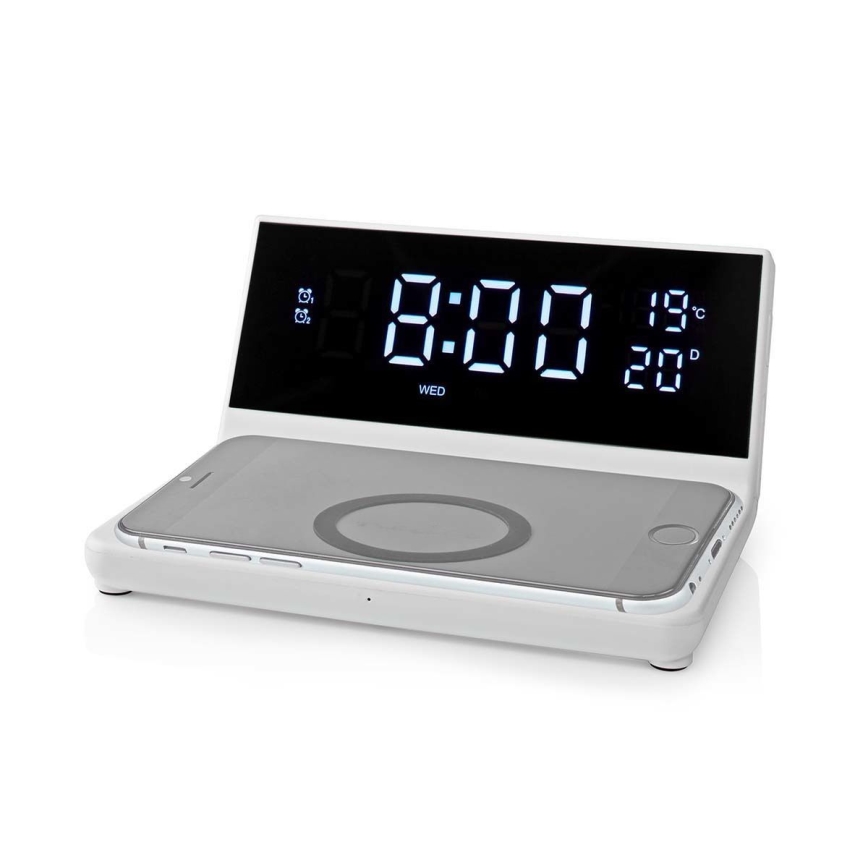 Réveil avec écran LCD et chargeur sans fil 15W/230V + 1xCR2032 blanc