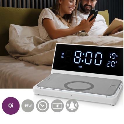 Wekker met LCD scherm en draadloze oplader 15W/230V + 1xCR2032 wit