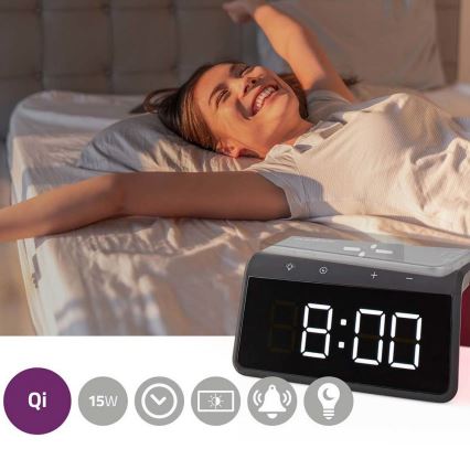 Réveil avec écran LCD et chargeur sans fil 15W/230V noir