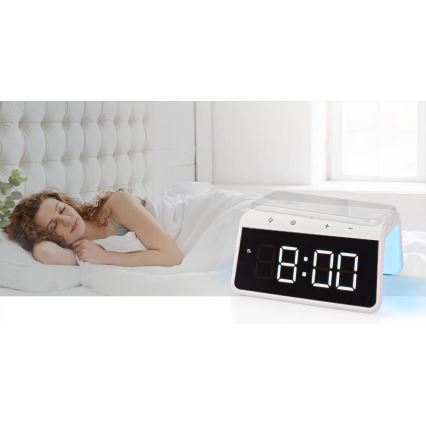 Réveil avec écran LCD et chargeur sans fil 15W/230V blanc