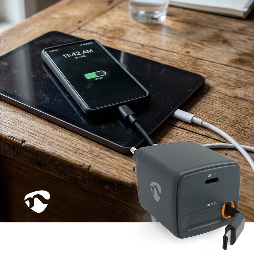 Chargeur à câble rétractable Power Delivery 30W, 2x USB-C, noir