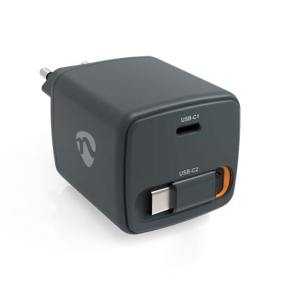 Chargeur à câble rétractable Power Delivery 30W, 2x USB-C, noir