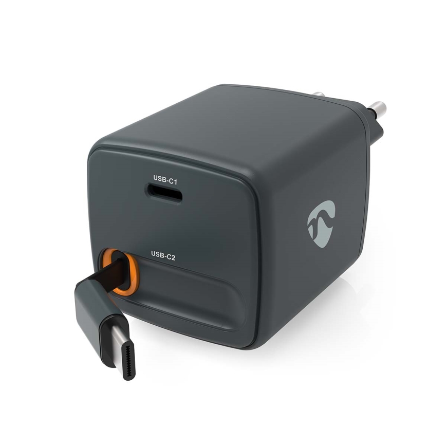Chargeur à câble rétractable Power Delivery 30W, 2x USB-C, noir