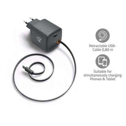 Chargeur à câble rétractable Power Delivery 30W, 2x USB-C, noir