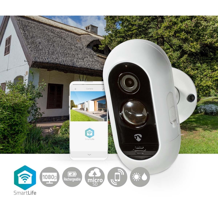 Nedis WIFICBO30WT - Slimme Oplaadbare Camera voor Buiten met PIR sensor 1080p 5V/5200mAh Wi-Fi IP65