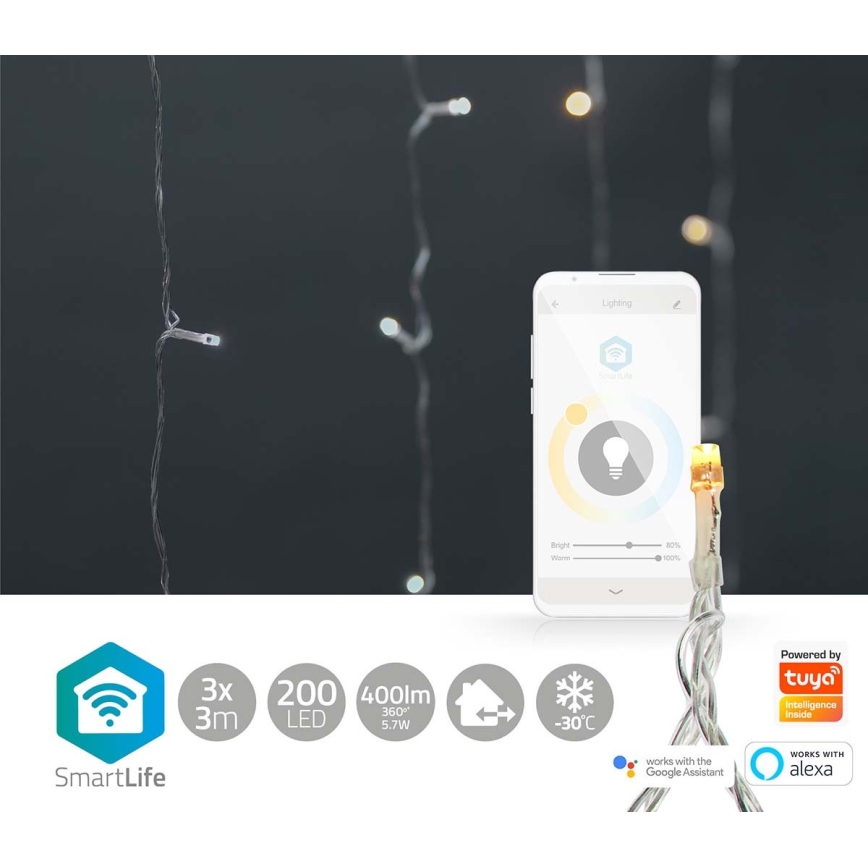 Rideau lumineux de Noël LED 200 LED / 11 fonctions, 6 m, IP65, Wi‑Fi Tuya, du blanc chaud au blanc froid