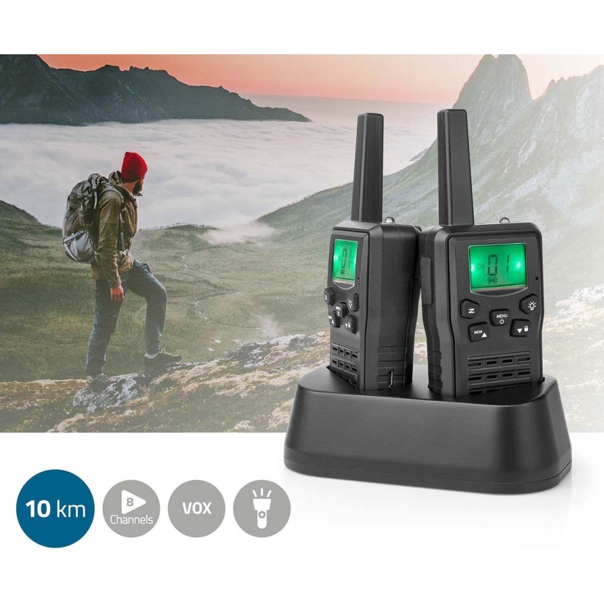 SET 2x Oplaadbare walkietalkie met LED-lampje 1300 mAh bereik 10 km