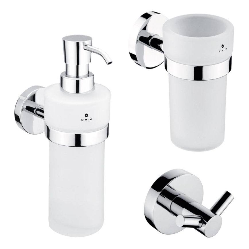 NIMCO UN lot-31W-26 - Distributeur mural de savon, support pour brosse à dents et crochet mural UNIX 250 mm mat verre/chrome brillant