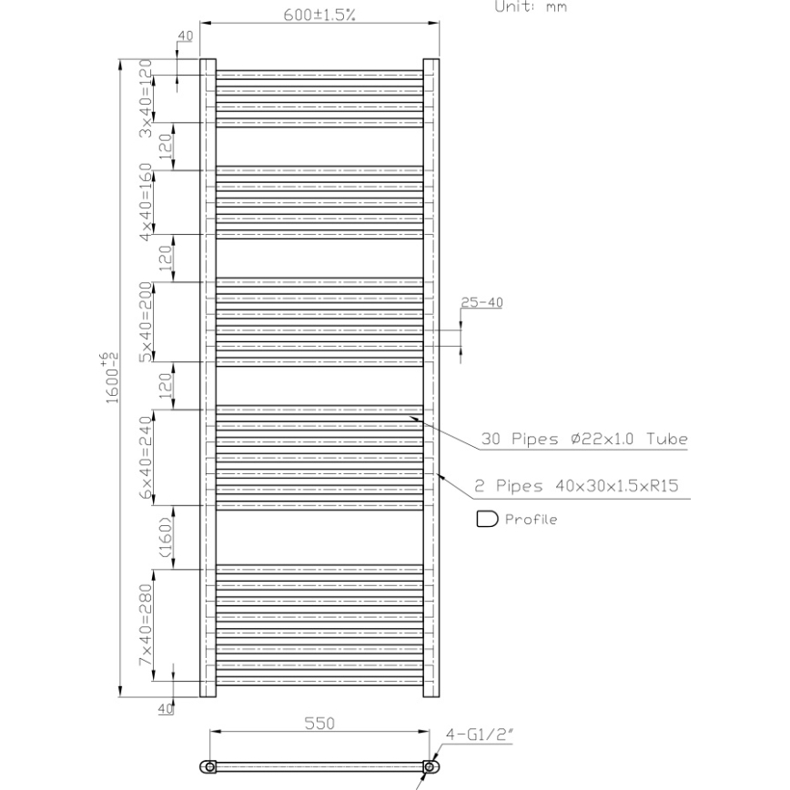 Novaservis - Badkamer-handdoekradiator (laddermodel) 836W/230V 160x60 cm wit, recht