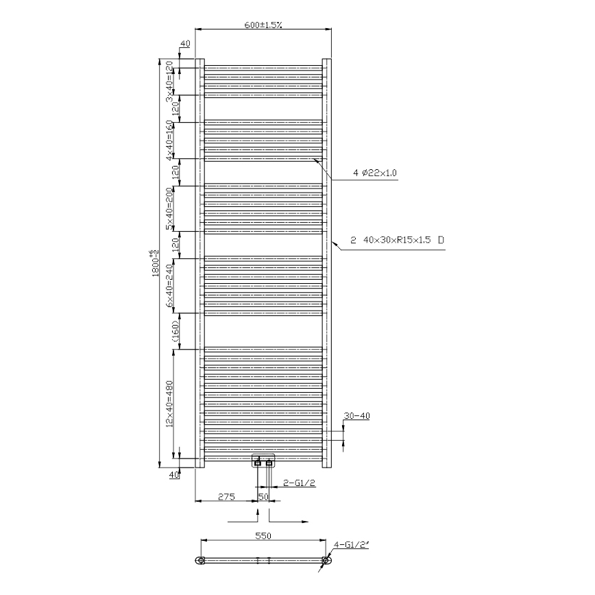 Novaservis - Badkamer handdoekradiator 630W/230V 180x60 cm glanzend chroom recht