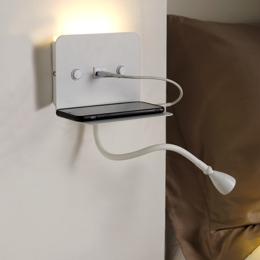 ONLI - LED Flexibel klein lampje met een plank en USB opladen PLAK LED/1W/230V wit