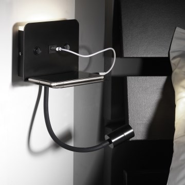 ONLI - LED Flexibel klein lampje met een plank en USB opladen PLAK LED/1W/230V zwart