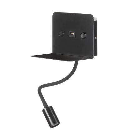 ONLI - LED Flexibel klein lampje met een plank en USB opladen PLAK LED/1W/230V zwart
