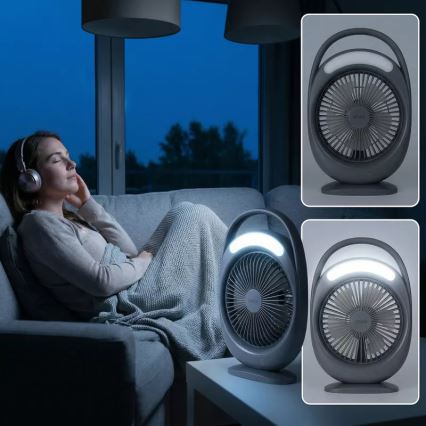 Oplaadbare tafelventilator met LED-verlichting LED/2,8W/5V USB 2400 mAh grijs