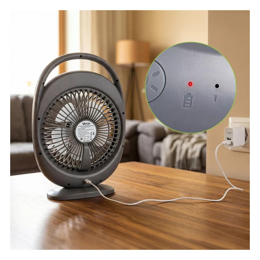 Oplaadbare tafelventilator met LED-verlichting LED/2,8W/5V USB 2400 mAh grijs