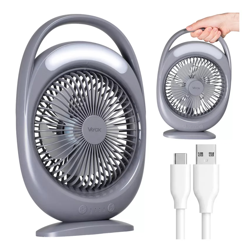 Oplaadbare tafelventilator met LED-verlichting LED/2,8W/5V USB 2400 mAh grijs