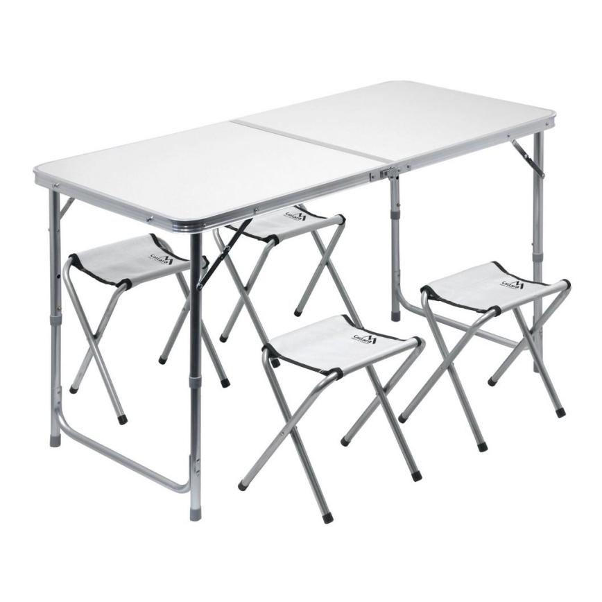 Opvouwbare kampeertafel + 4x stoel wit/mat chroom