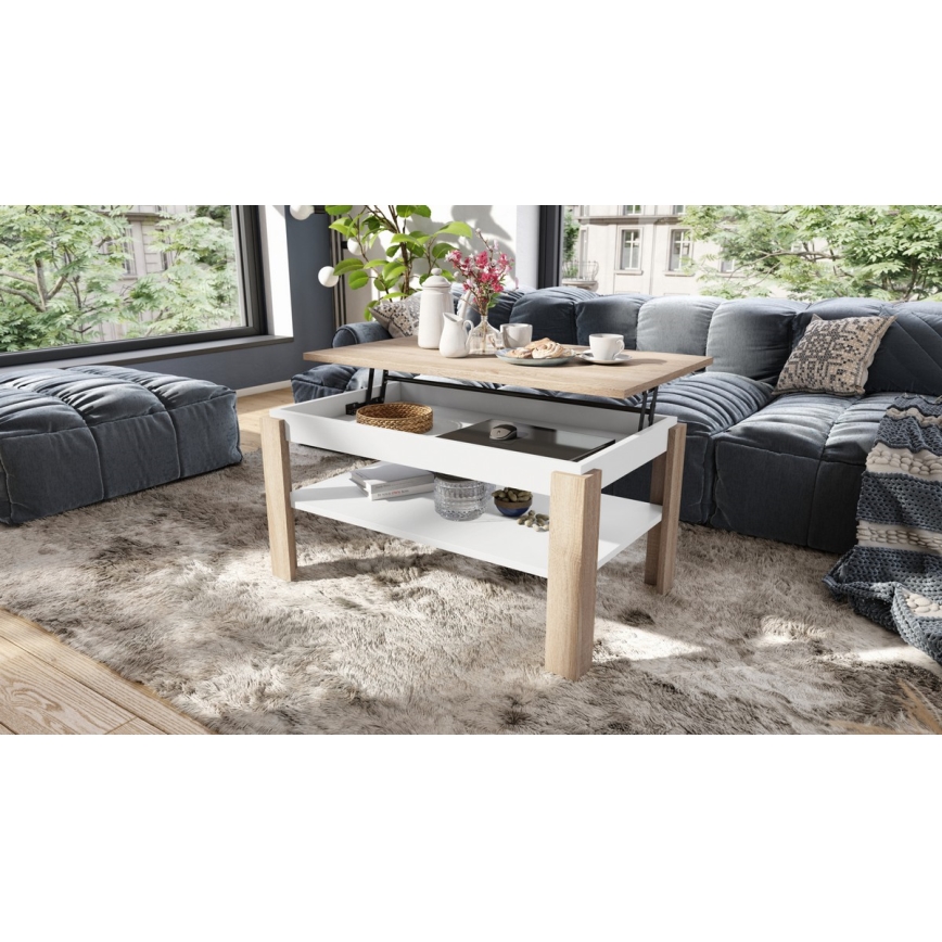 Opvouwbare salontafel met hefdak met plank ADEN eiken sonoma/wit