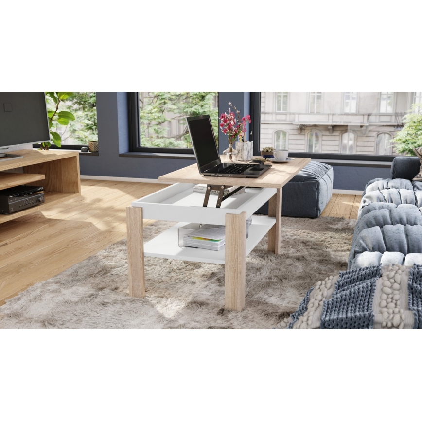 Opvouwbare salontafel met hefdak met plank ADEN eiken sonoma/wit