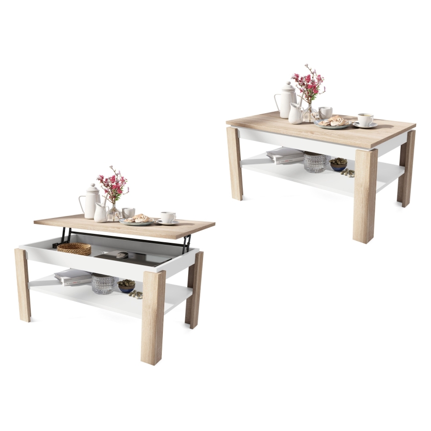 Opvouwbare salontafel met hefdak met plank ADEN eiken sonoma/wit