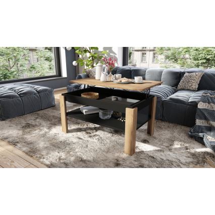 Opvouwbare salontafel met hefdak met plank ADEN eiken/zwart