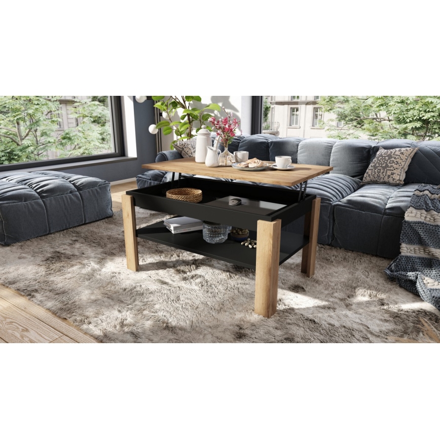 Opvouwbare salontafel met hefdak met plank ADEN eiken/zwart