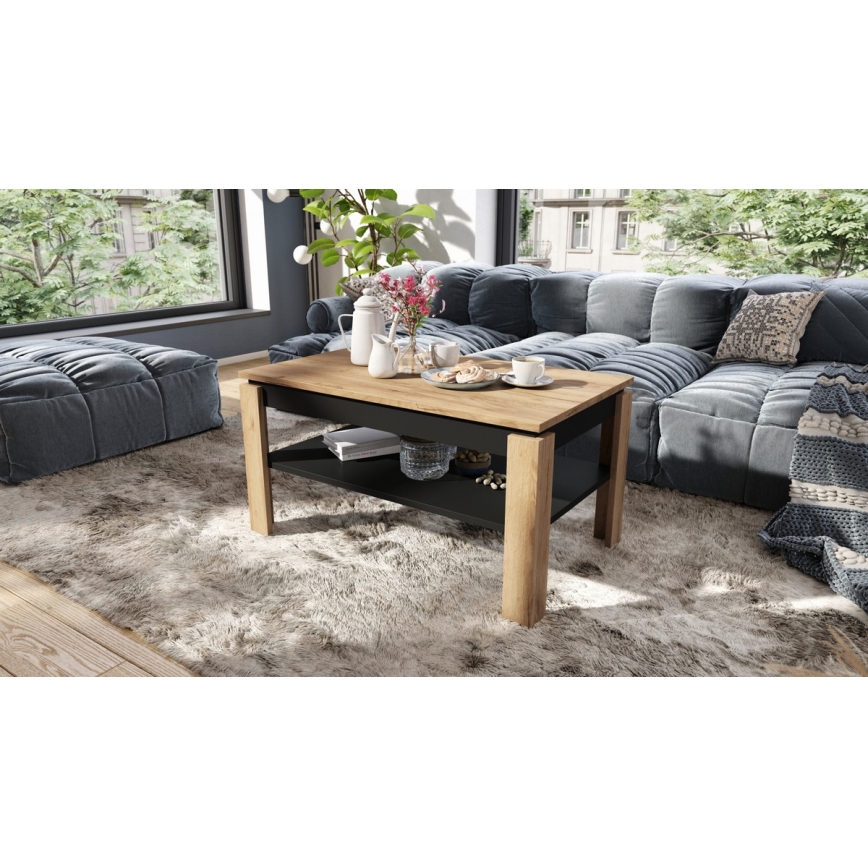 Opvouwbare salontafel met hefdak met plank ADEN eiken/zwart