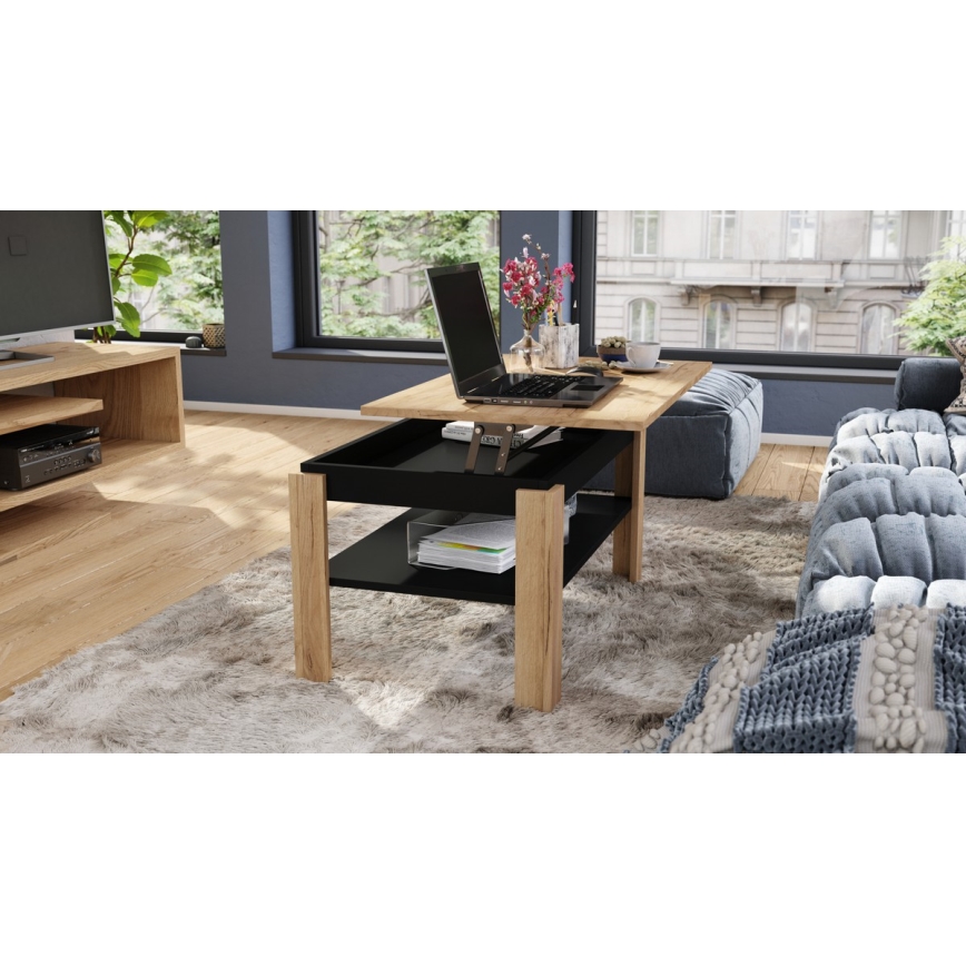 Opvouwbare salontafel met hefdak met plank ADEN eiken/zwart